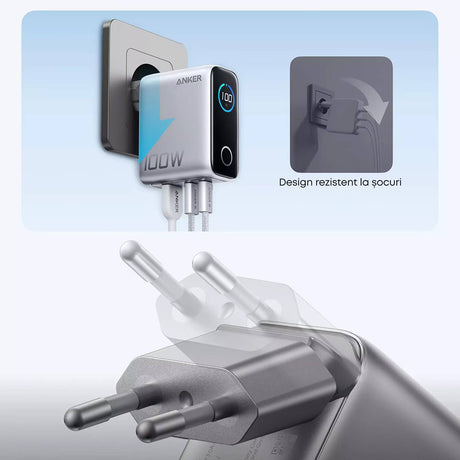 Anker töltő (B121BG41), 2× USB-C + USB, 100 W, gyorstöltés, ezüst színű