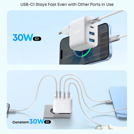 Anker töltő (A121EG21), 2× Type-C + 2× USB, 50 W, EU, fehér