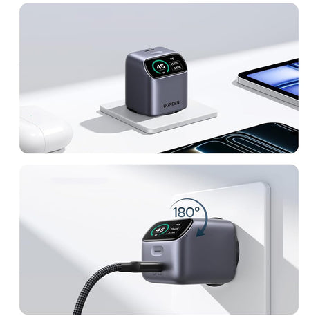 Incarcator Ugreen (25419B), USB-C, 45W, GaN, Afisaj Inteligent, Gri