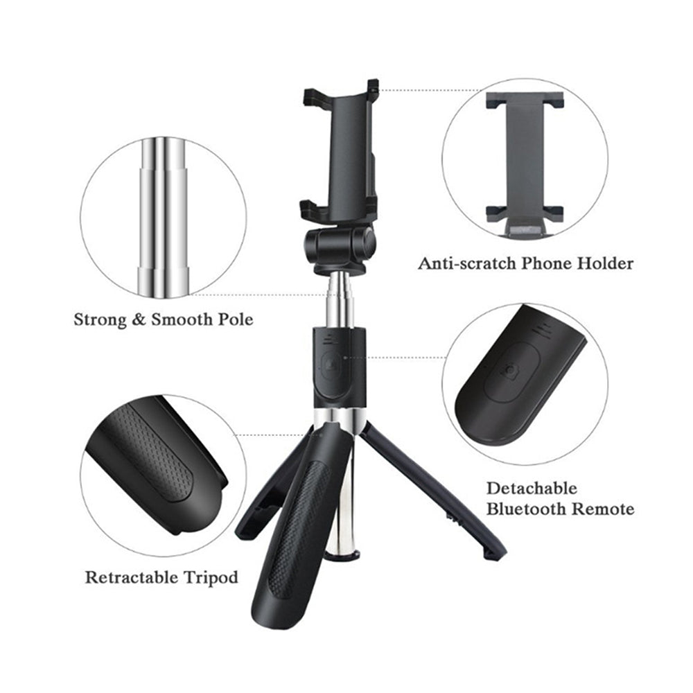 Suport Techsuit Selfie Stick (L01s), Tripod Stable Mount with Extendable Arm, Bluetooth Remote Control, 70cm, Negru