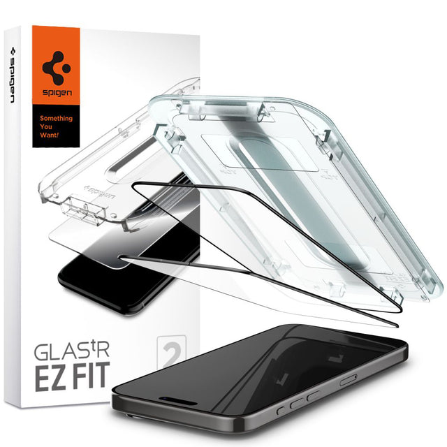 Folie de protectie Spigen (set de 2) Glas.tR EZ-FIT (AGL06893) compatibil cu iPhone 15 Pro, Negru