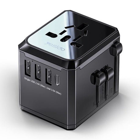 Incarcator Yesido (MC10), 3x USB, Type-C, for Travel, EU, UK, US, AUS, 3.6A, Negru