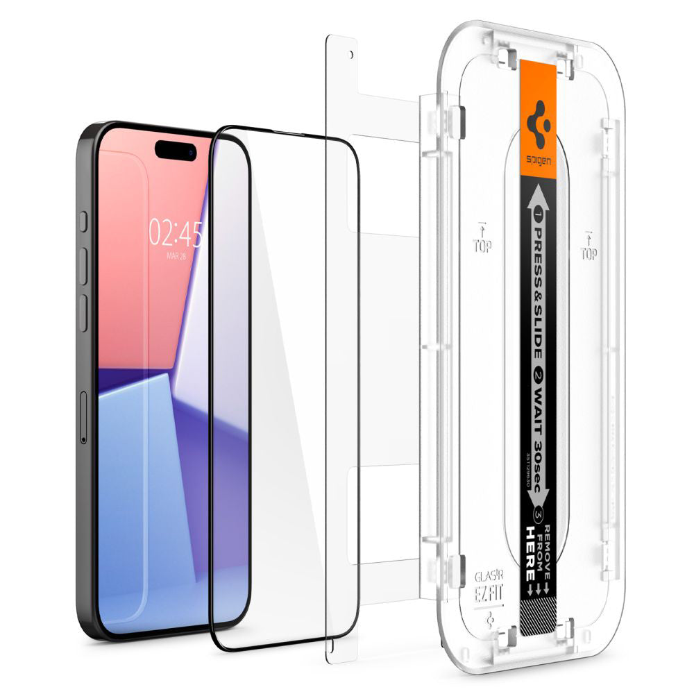 Folie de protectie Spigen (set de 2) Glas.tR EZ-FIT (AGL06893) compatibil cu iPhone 15 Pro, Negru
