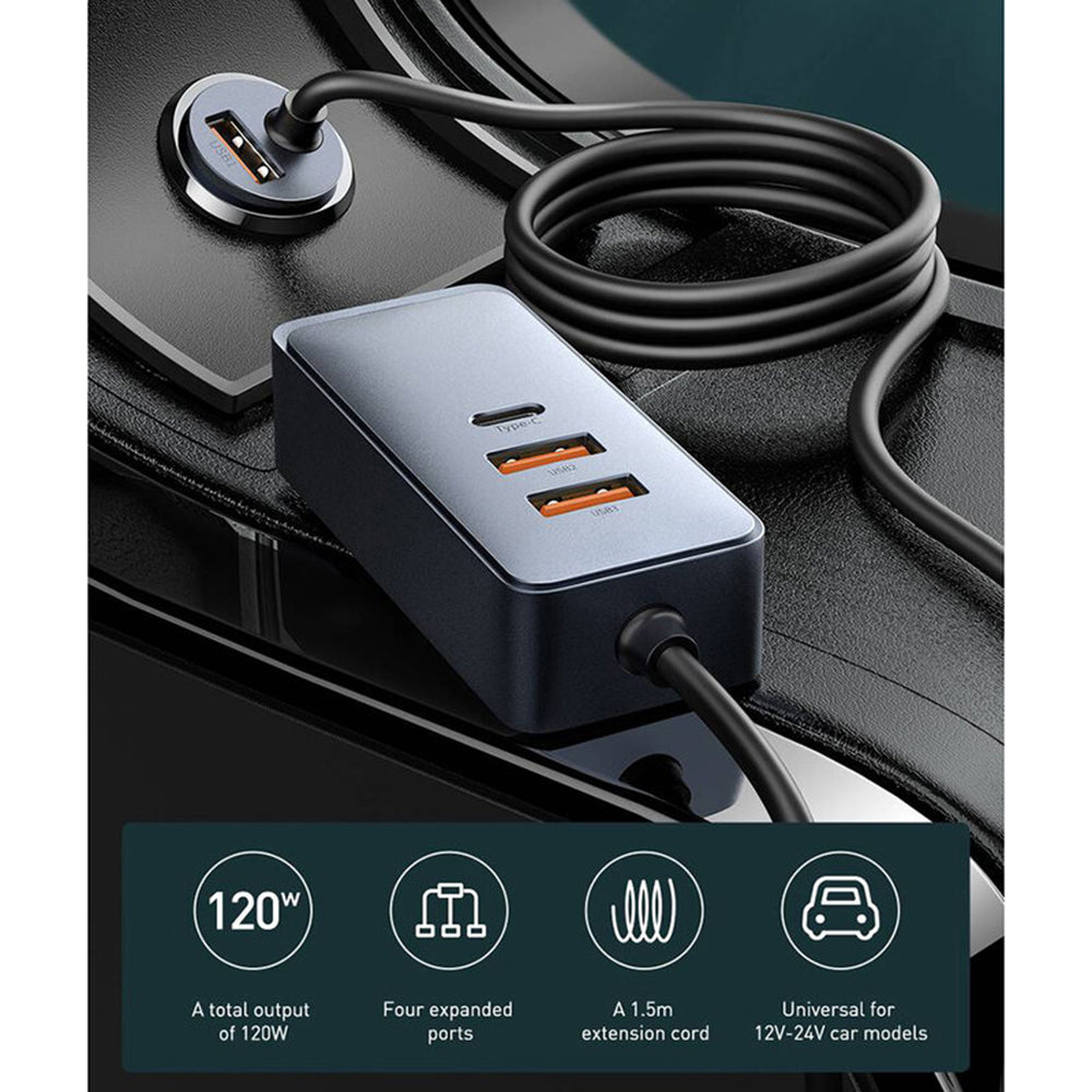 Incarcator Baseus Car Share Together (CCBT-A0G), Port Extension, 2x USB, 2x Type-C, Fast Charging, 120W, Gri
