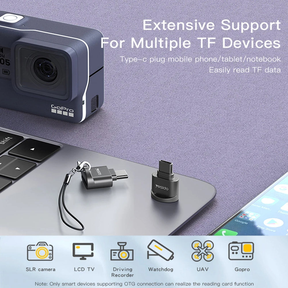 Adaptor Yesido Cititor de Carduri (GS19), Type-C la TF, Gri