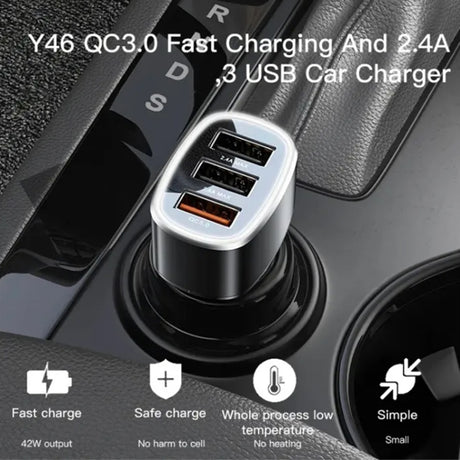 Incarcator Yesido Car (Y46), 3x USB, 2.4A, Q.C3.0, Fast Charging, 42W, Negru