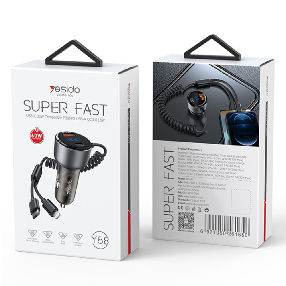 Incarcator Yesido Car (Y58), USB, Type-C, with Cable Lightning, Type-C, Fast Charging, 60W, 120cm, Gri