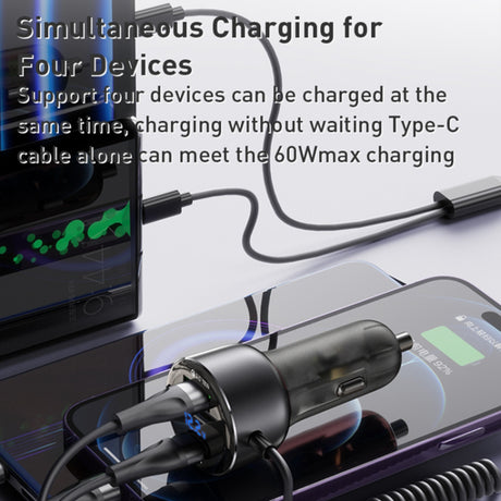 Incarcator Yesido Car (Y58), USB, Type-C, with Cable Lightning, Type-C, Fast Charging, 60W, 120cm, Gri