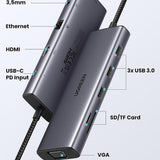 Hub/Dock Ugreen Docking Station CM498 (15601), USB-C to Type-C, 3x USB, HDMI, RJ45, Jack 3.5mm, VGA, TF, SD Card, Gri