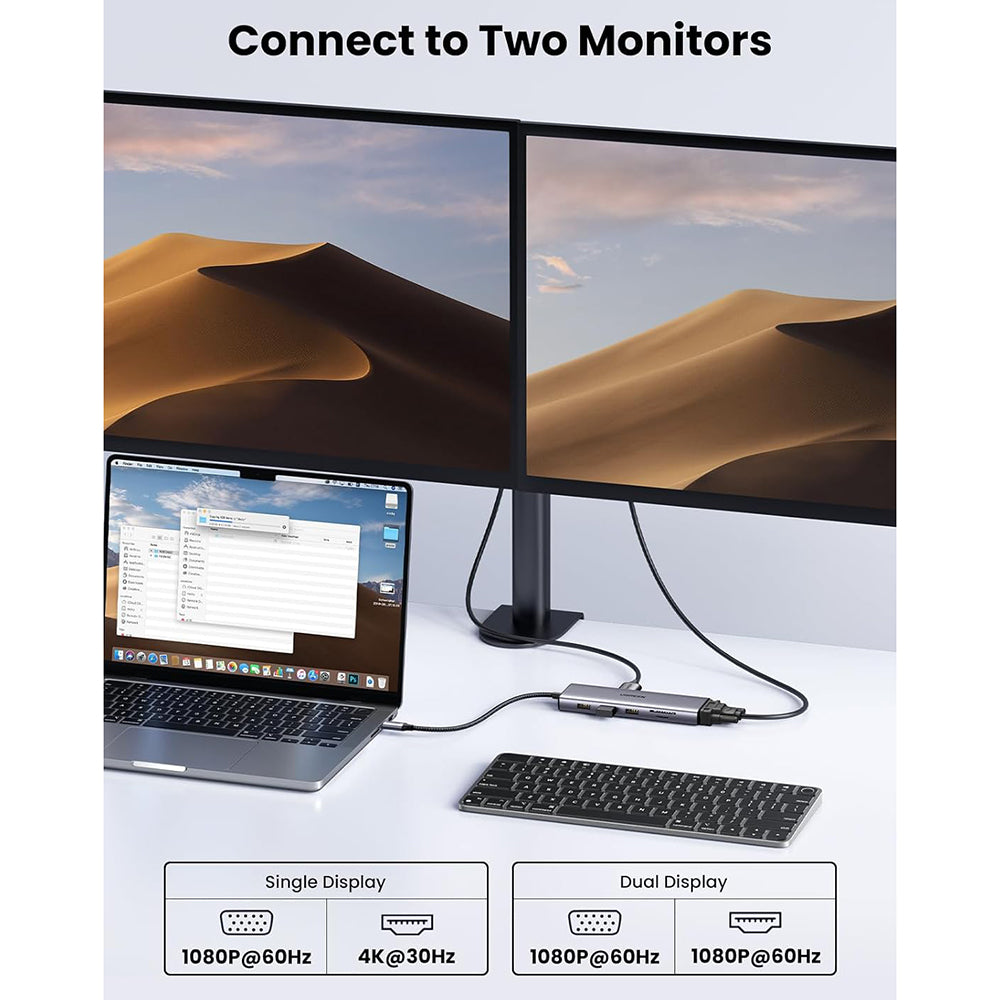 Hub/Dock Ugreen Docking Station CM498 (15601), USB-C to Type-C, 3x USB, HDMI, RJ45, Jack 3.5mm, VGA, TF, SD Card, Gri