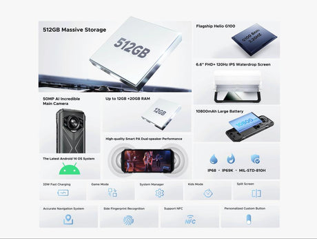 Doogee S200 mobiltelefon, 5G, dupla kijelző (6,72"+1,32") 2.4K AMOLED, 12 GB RAM (12 GB + 20 GB bővíthető), 256 GB ROM, 100 MP, Android 14, Dimensity 7050, 10100mAh, dupla SIM