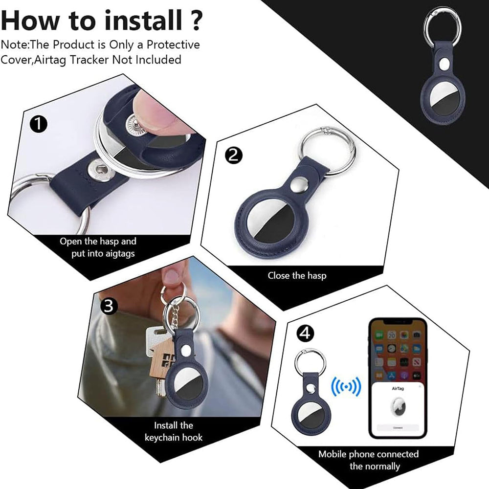 Suport Techsuit Secure Leather (SLH1), Apple AirTag Case, with Metal Ring, Albastru