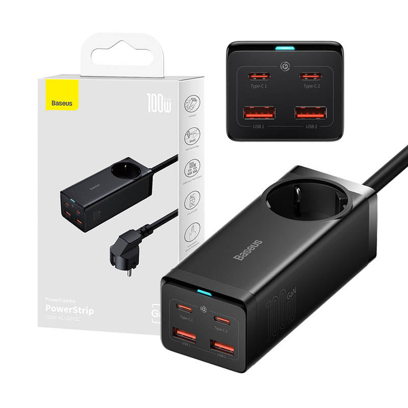 Incarcator Baseus /Powerstrip (PSZM000401), GaN3 Pro, 2xUSB, 2xUSB-C, AC, 100W, Negru