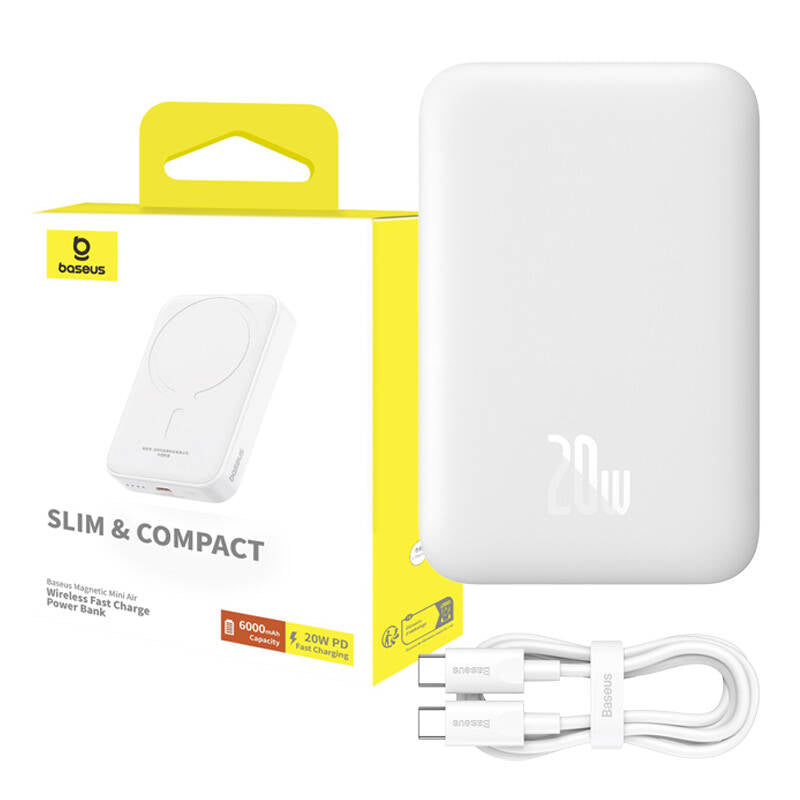 Baterie externa Baseus Magnetic Mini Air (P10059002223-00), USB-C, MagSafe, 6000mAh, 20W, Alb