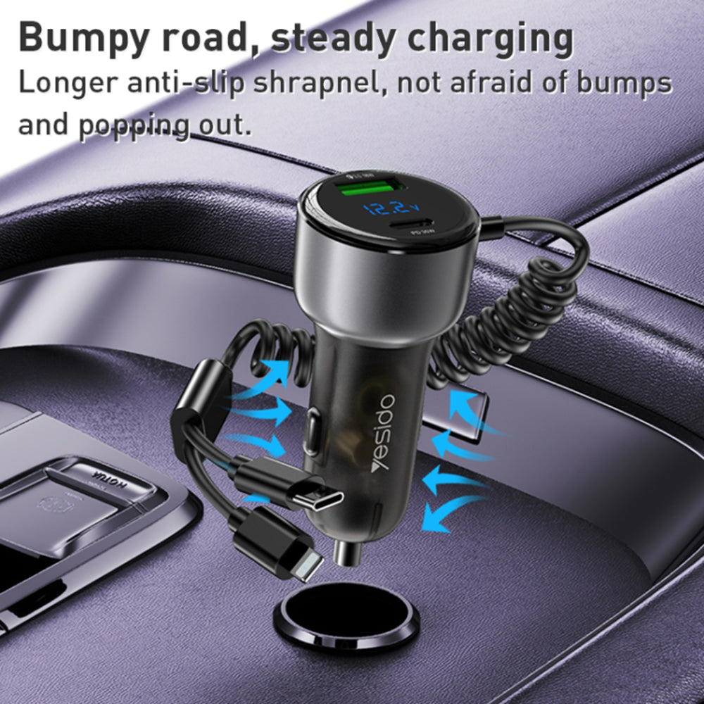 Incarcator Yesido Car (Y58), USB, Type-C, with Cable Lightning, Type-C, Fast Charging, 60W, 120cm, Gri
