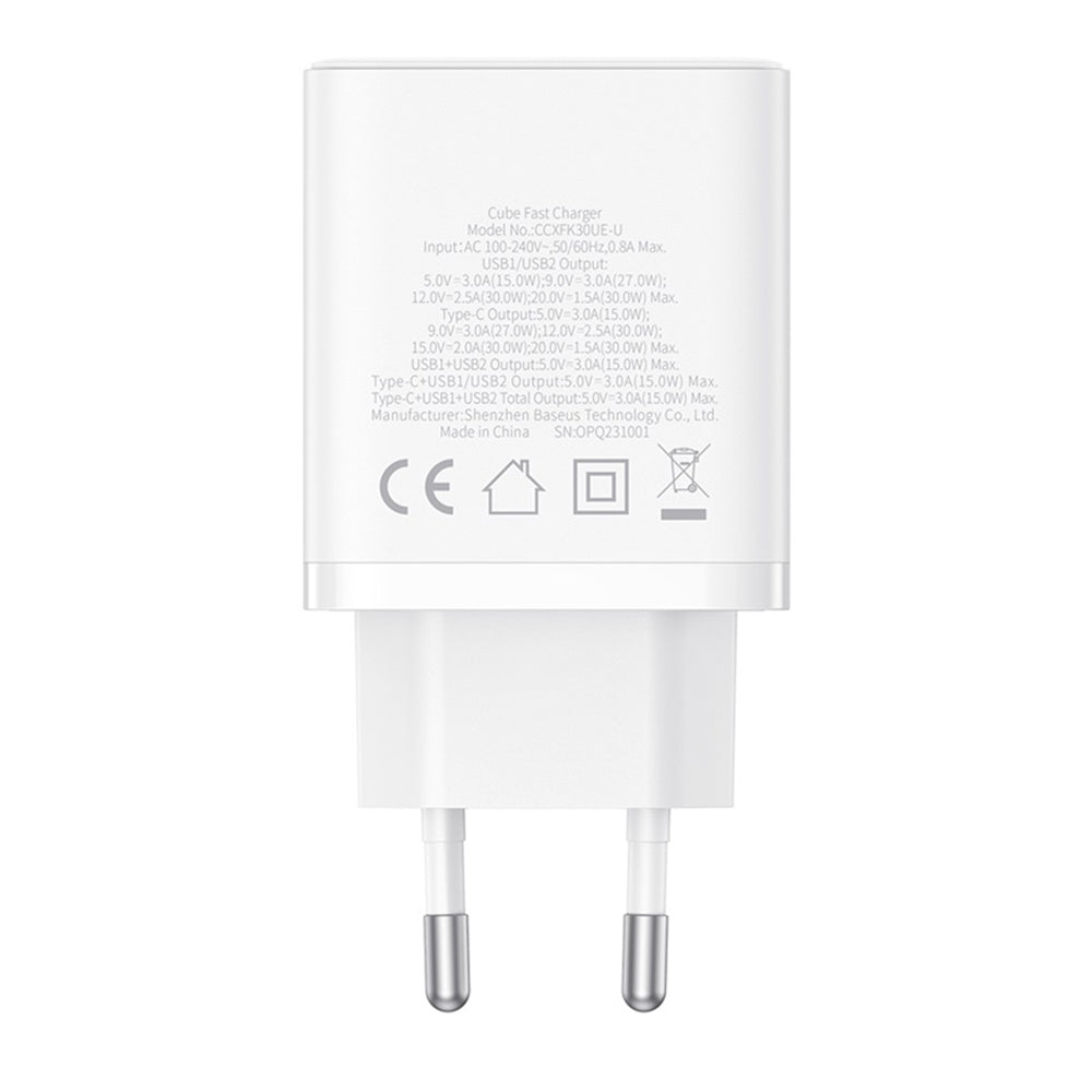 Incarcator Baseus (P10111402213-00), GaN, 2x USB, Type-C, Fast Charging, 30W, Alb
