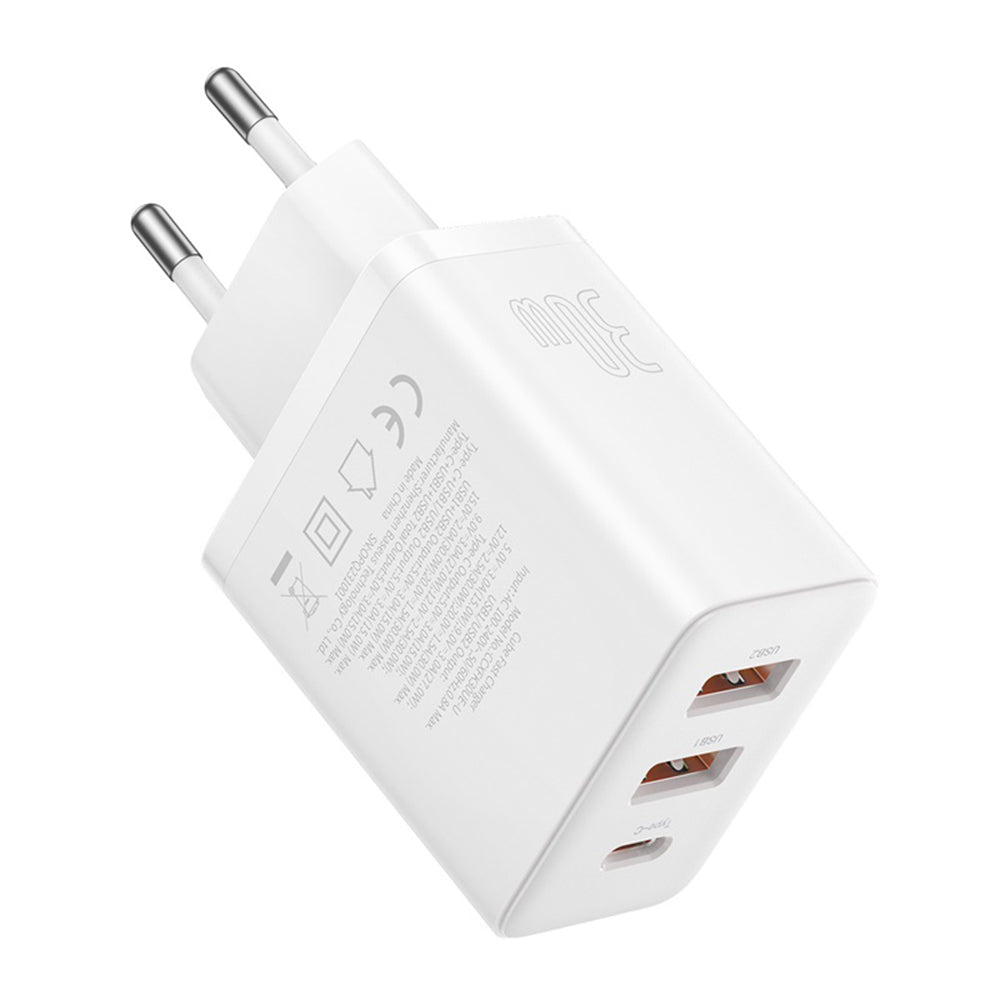 Incarcator Baseus (P10111402213-00), GaN, 2x USB, Type-C, Fast Charging, 30W, Alb