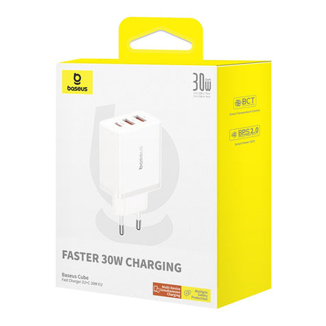 Incarcator Baseus (P10111402213-00), GaN, 2x USB, Type-C, Fast Charging, 30W, Alb