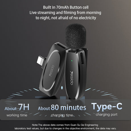 Casti Yesido (set de 2) Wireless Lavalier Microphones (KR15), 3 in 1 Receiver, TC, Lighting, 3.5mm Jack, 2.4GHz, Negru