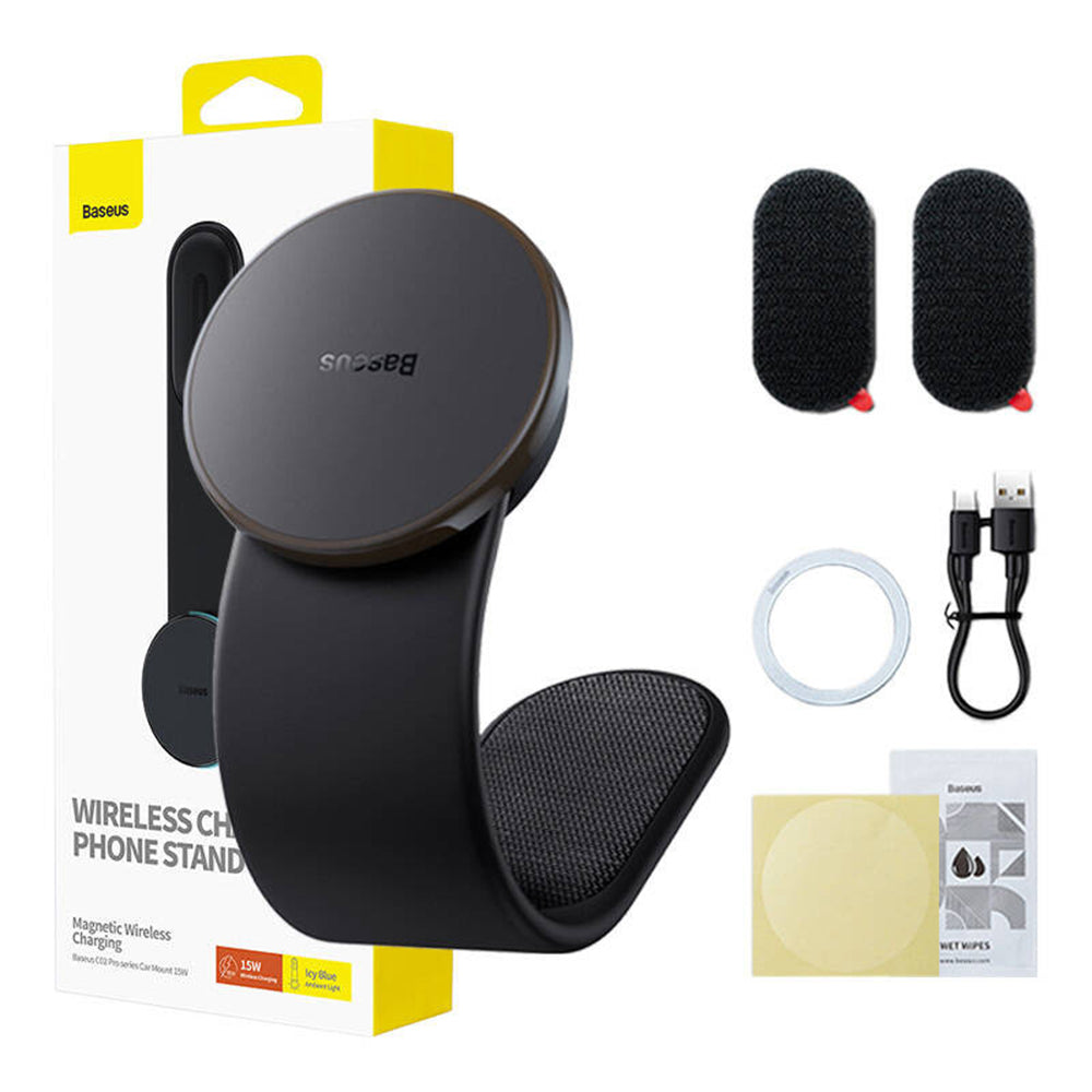 Suport Baseus with Wireless Charging C02 Pro (C40156000111-00), Magnetic Grip for Dashboard, 15W, Negru