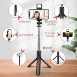 Suport Techsuit Mini Selfie Stick (S03-S), Stable & Compact Tripod Mount, Bluetooth Remote Control, LED Light, 67cm, Negru