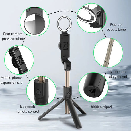 Suport Techsuit Selfie Stick (K13), Compact Tripod Mount with Bluetooth Remote Control, LED Beauty Light, Foldable, 84cm, Negru