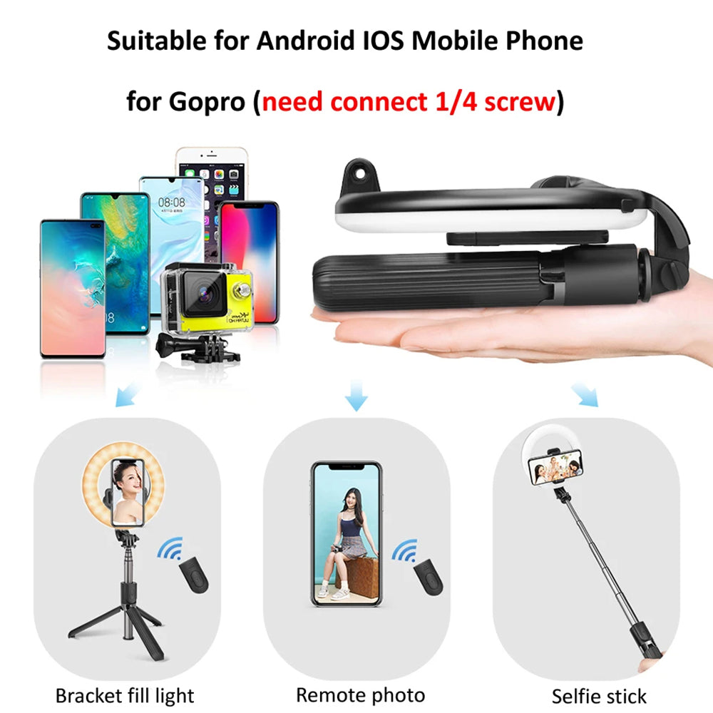 Suport Techsuit Selfie Stick (L07), Stable Tripod with Bluetooth Remote Control and Beauty Ring Light, 90cm, Negru