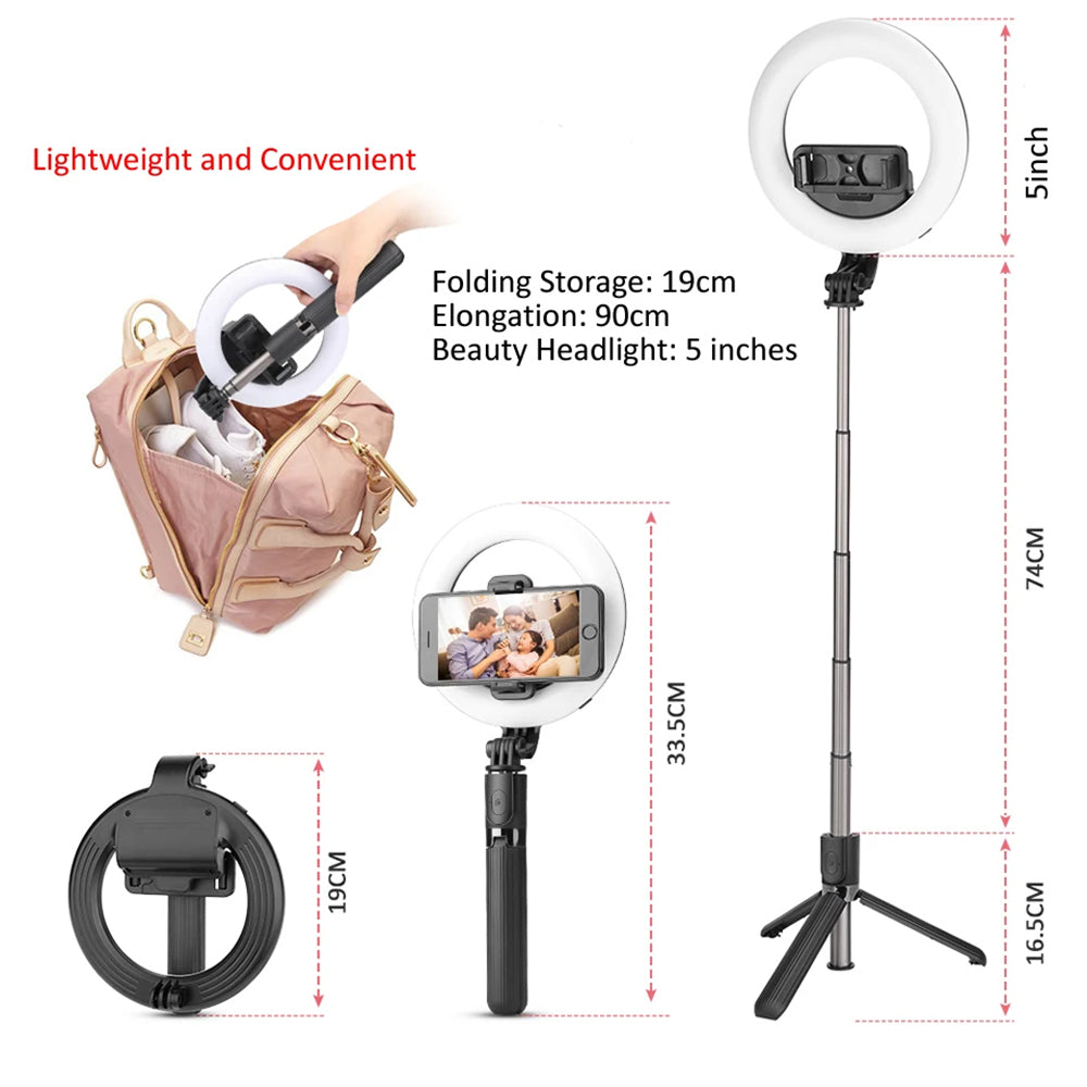 Suport Techsuit Selfie Stick (L07), Stable Tripod with Bluetooth Remote Control and Beauty Ring Light, 90cm, Negru