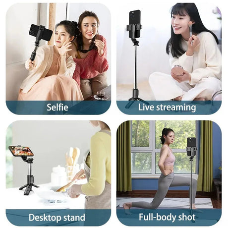 Suport Techsuit Mini Selfie Stick (Q10), Stable Gimbal/Tripod with Bluetooth Remote Control, Fill Light, 360 Rotation, 68cm, Negru