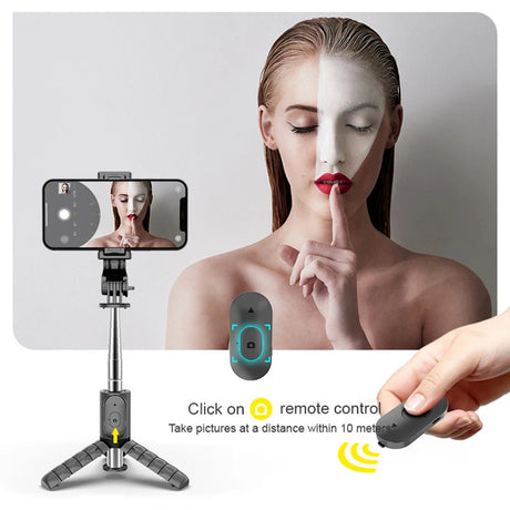 Suport Techsuit Mini Selfie Stick (Q11s), Stable Tripod with Bluetooth Remote Control and Fill Light, 360 Rotation, 76cm, Negru