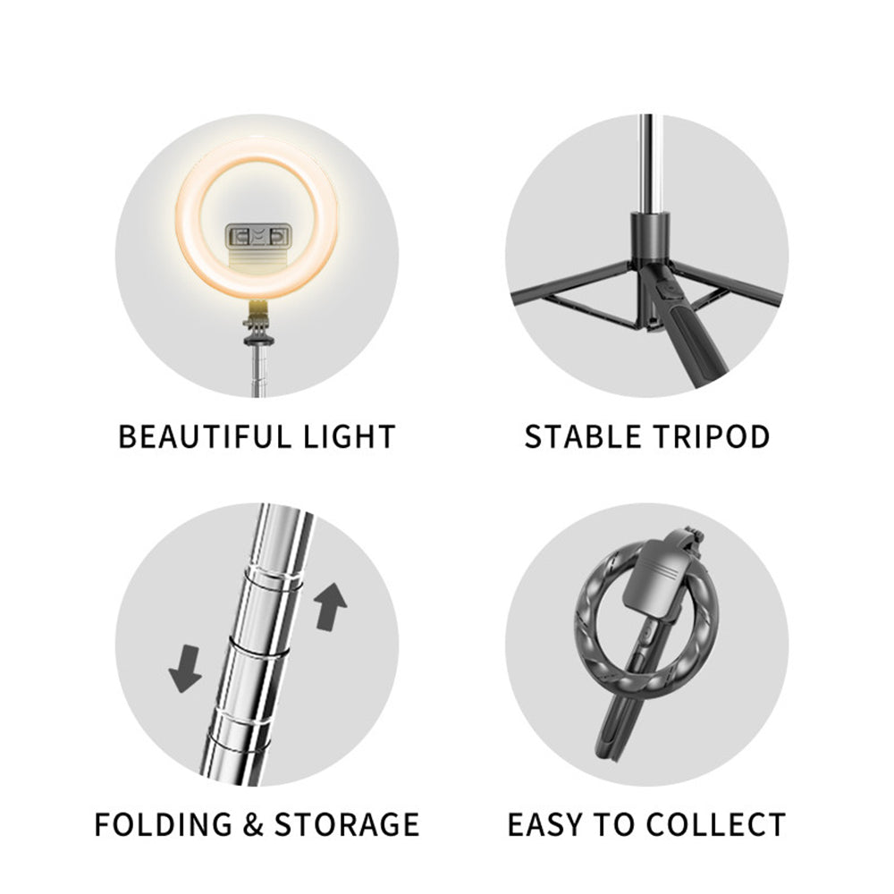 Suport Techsuit Selfie Stick (Q05s), Stable Tripod with Bluetooth Remote Control and Ring Light, Stainless Steel, 170cm, Negru