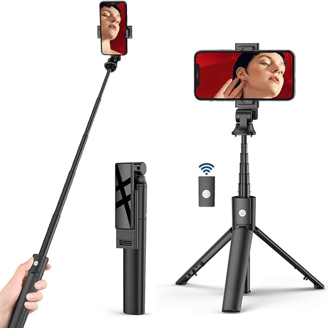 Suport Techsuit Selfie Stick (K22), Compact Tripod Mount with Bluetooth Remote Control, Foldable, 97cm, Negru
