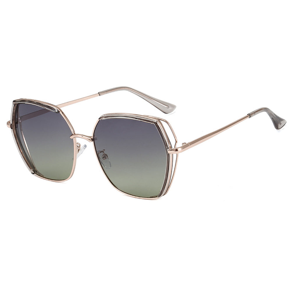 Techsuit Sunglasses Polarized (9768), Hexagonal, with UV Protection and Metal Frame, Gri / Gold / Green