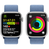 Apple Watch Series 9 GPS + Cellular, 45mm Silver Aluminium Case, Winter Blue Sport Loop (albastru)