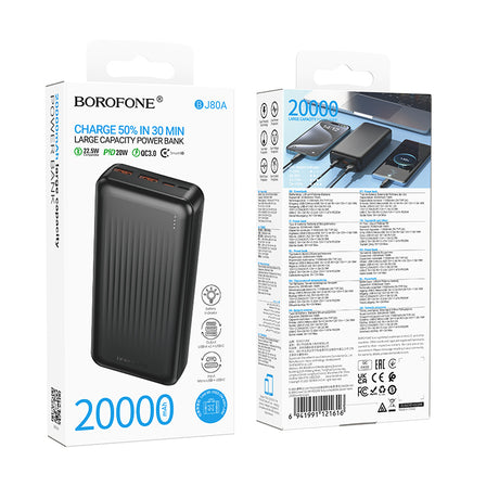 Baterie Externa Borofone BJ80A Clever, 20000mAh, 22.5W, QC + PD, 1 x USB-C - 2 x USB-A - Neagra - NotebookGsm