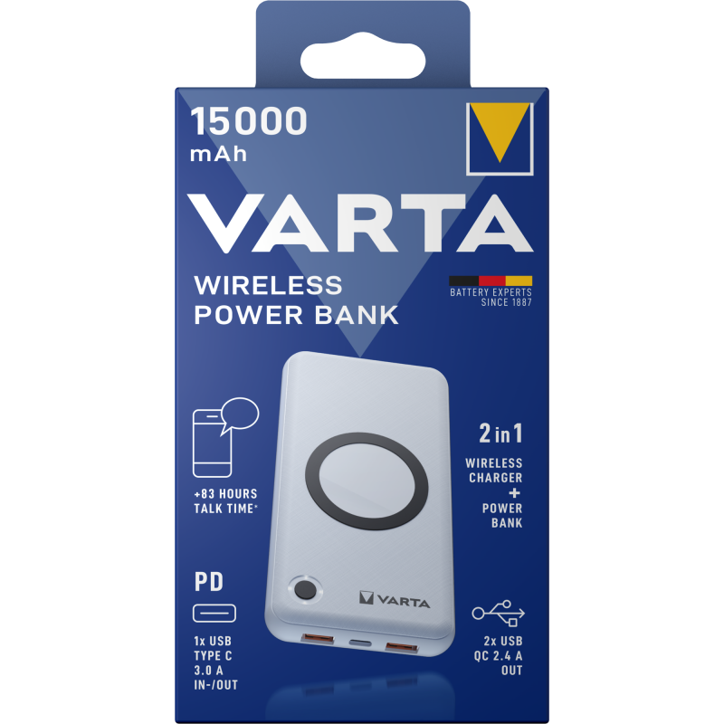 Baterie Externa Wireless Varta Energy, 15000mAh, 20W, QC + PD, 2 x USB-A - 1 x USB-C