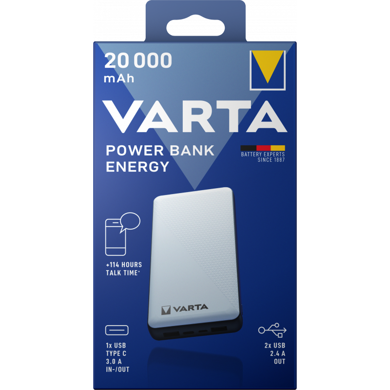 Baterie Externa Varta Energy, 20000mAh, 15W, 2 x USB-A - 1 x USB-C