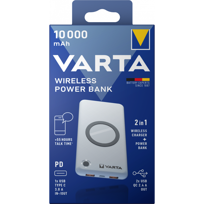 Baterie Externa Wireless Varta, 10000mAh, 18W, QC + PD, 2 x USB-A - 1 x USB-C