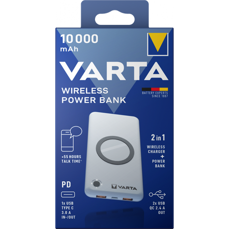 Baterie Externa Wireless Varta, 10000mAh, 18W, QC + PD, 2 x USB-A - 1 x USB-C