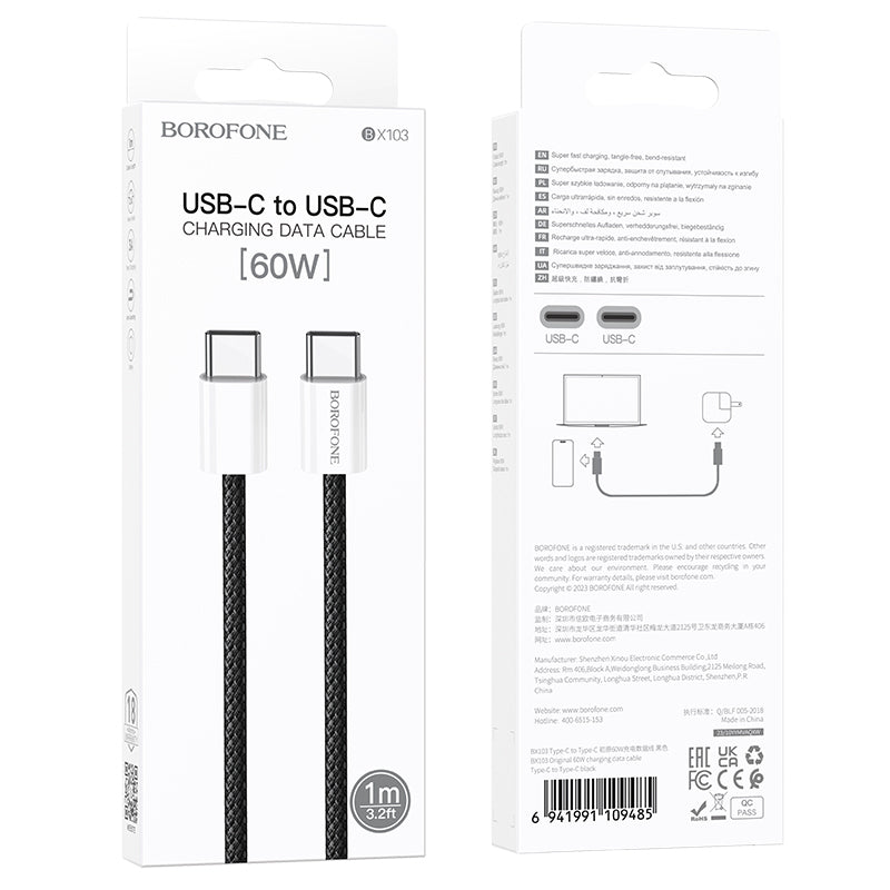 Cablu Date si Incarcare USB-C - USB-C Borofone BX103 Original, 60W, 1m