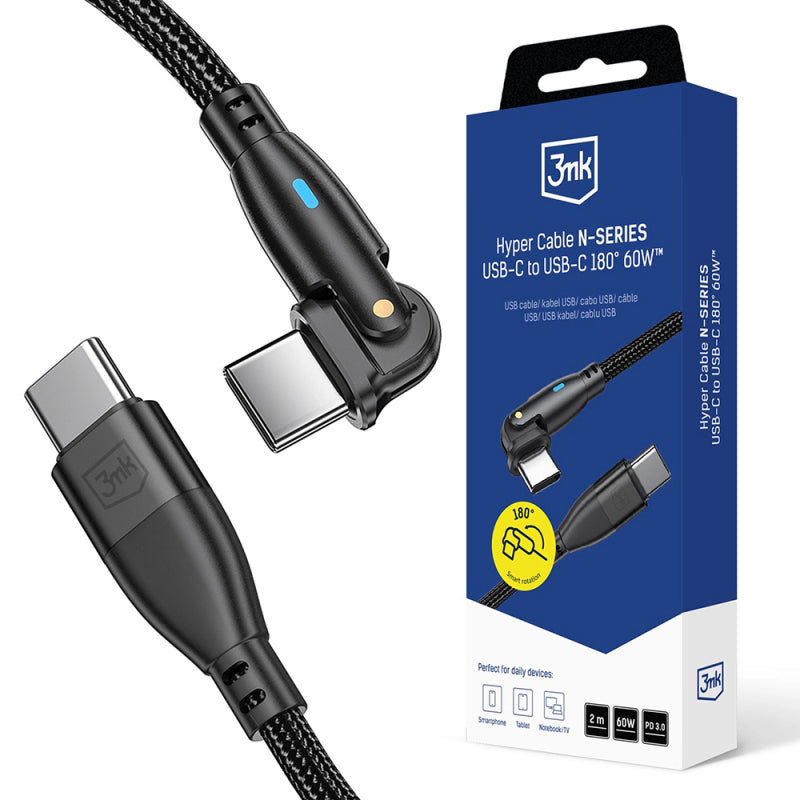 Cablu Date si Incarcare USB-C - USB-C 3MK Hyper N Angled, 60W, 2m
