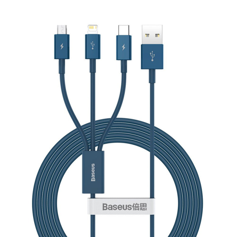 Cablu Incarcare USB-A - Lightning / microUSB / USB-C Baseus Superior Series, 20W, 1.5m, Albastru CAMLTYS-03