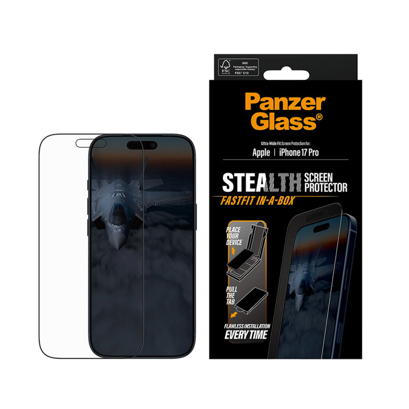 Folie de protectie Ecran PanzerGlass Ultra-Wide Fit Stealth Fastfit pentru Apple iPhone 17 Pro, Sticla Securizata, Full Glu