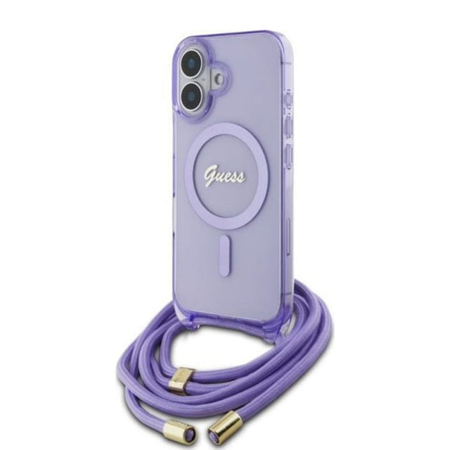 Husa MagSafe pentru Apple iPhone 16, Guess, IML Crossbody Cord Script