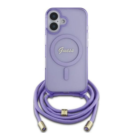 Husa MagSafe pentru Apple iPhone 16, Guess, IML Crossbody Cord Script - Mov - NotebookGsm