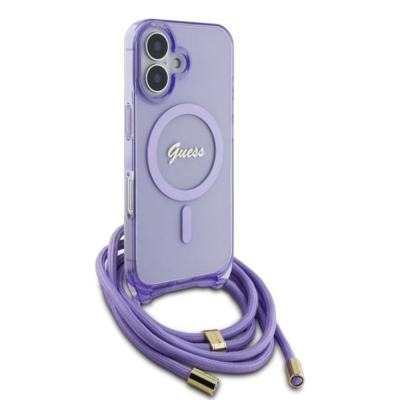 Husa MagSafe pentru Apple iPhone 16, Guess, IML Crossbody Cord Script