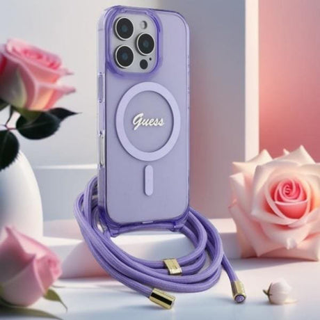 Husa MagSafe pentru Apple iPhone 16, Guess, IML Crossbody Cord Script - Mov - NotebookGsm