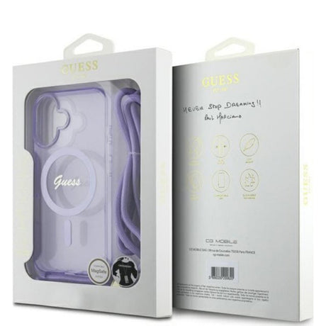 Husa MagSafe pentru Apple iPhone 16, Guess, IML Crossbody Cord Script - Mov - NotebookGsm