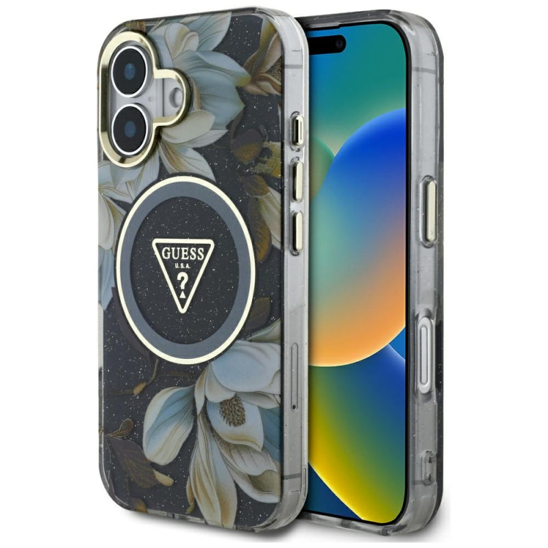 Husa MagSafe pentru Apple iPhone 16, Guess, IML Metal Glitter Flowers Triangl