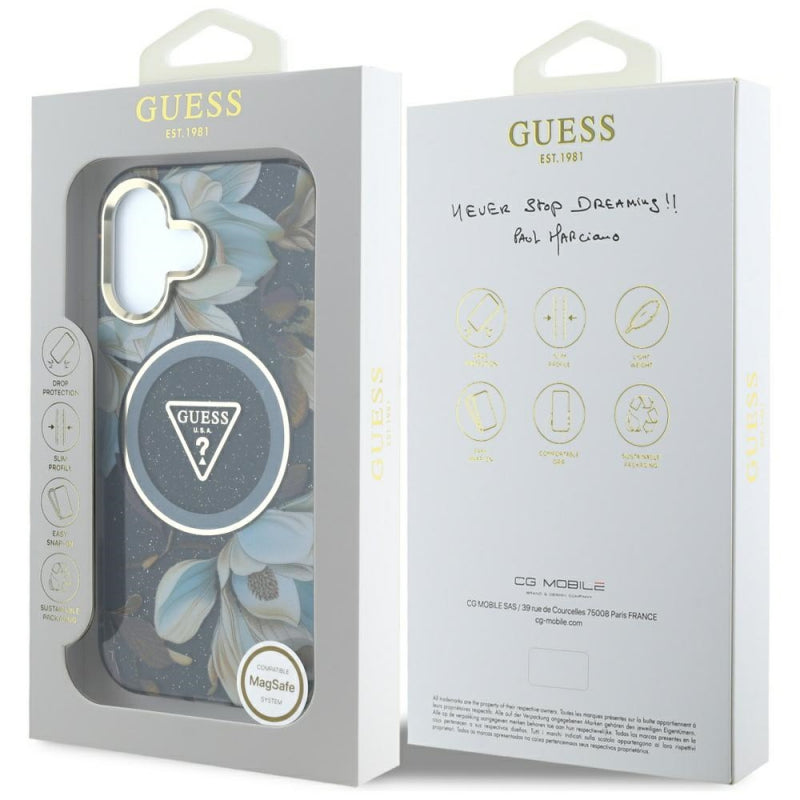 Husa MagSafe pentru Apple iPhone 16, Guess, IML Metal Glitter Flowers Triangl